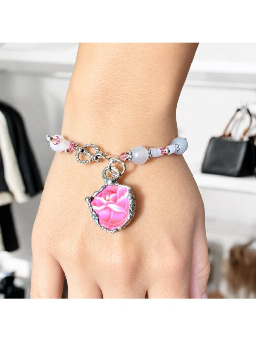 Vintage Pink Rose Quartz Bracelet Broken China Charm Cabochon - Picture 11 of 11